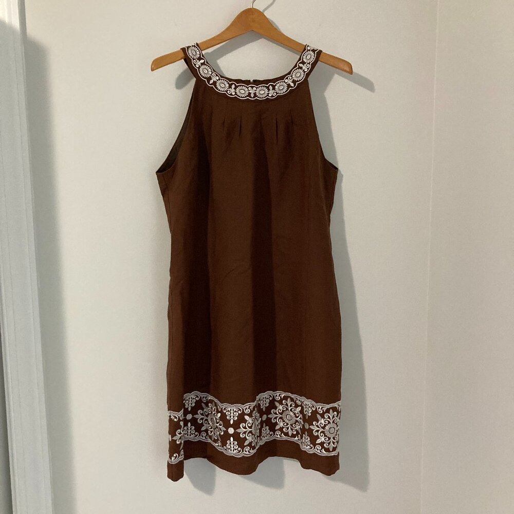 Brown Embroidered Sleeveless Shift Dress